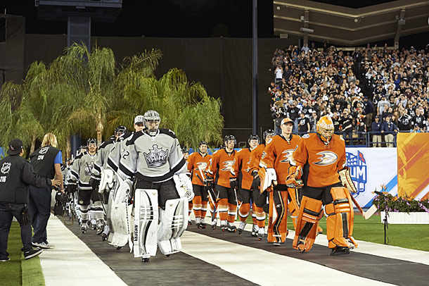 LA Kings and Anaheim Ducks enter Dodger Stadium for NHL outdoor game